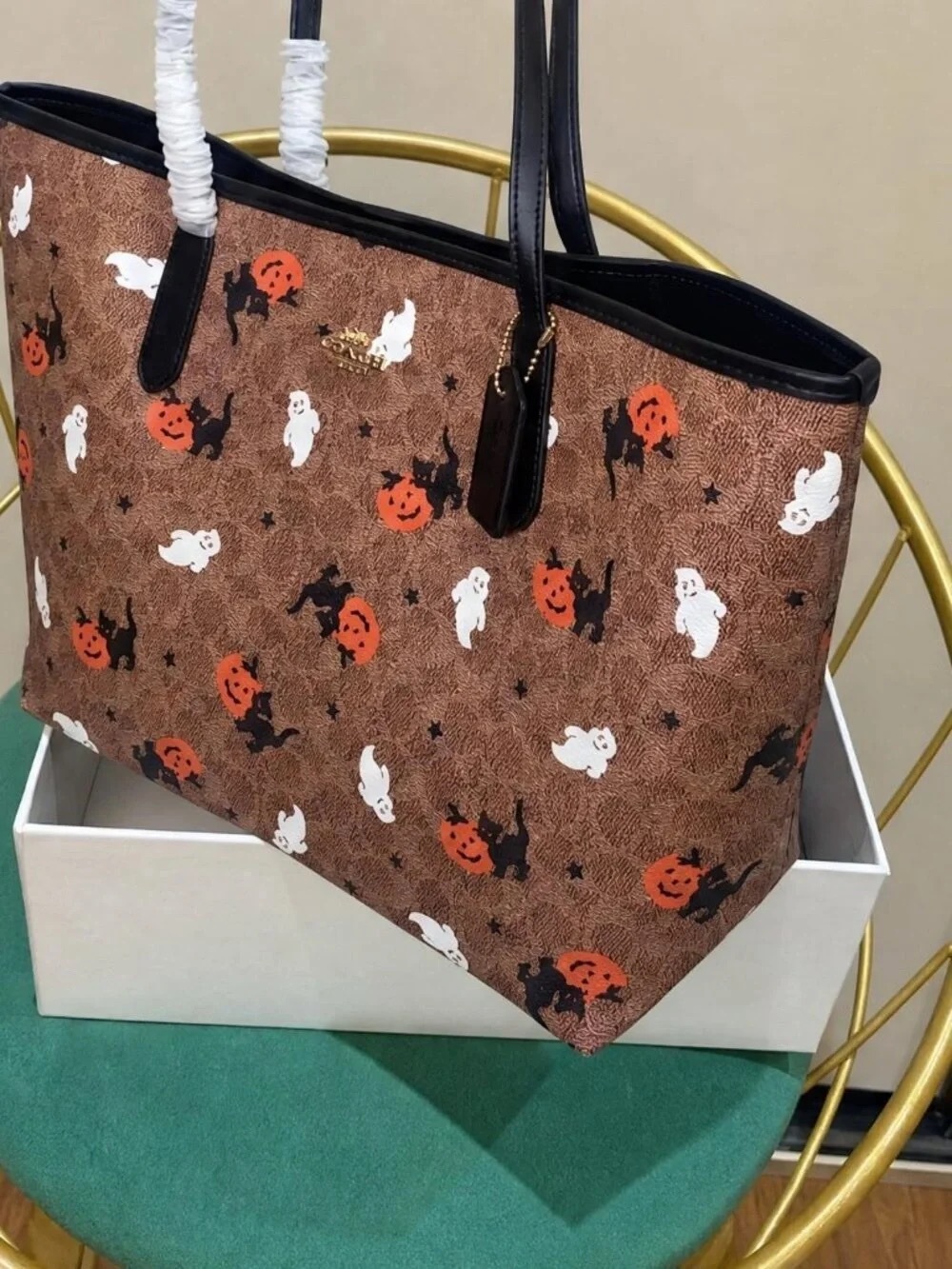 Coach Brown Canvas Tote with Halloween Ghost & Pumpkin Motif - Picture 3 of 5